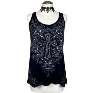 Vtg Y2K Maurices Embroidered Cross Rhinestone Lace Goth Grunge Emo Alt Tank Top